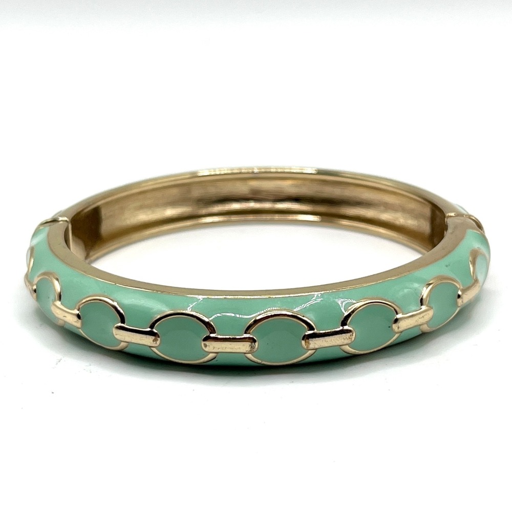 Premier Designs Bangle Pistachio Green Enamel Gold Tone Hinged Bracelet 6.5"
